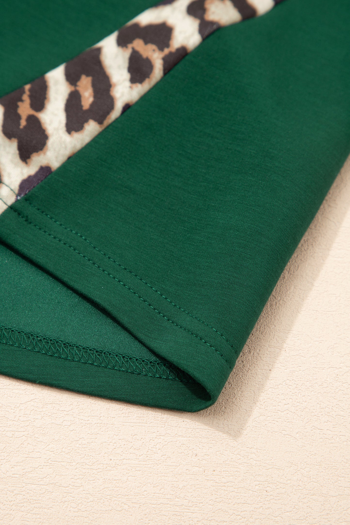 Sea Green Leopard Trim Round Neck Loose T Shirt