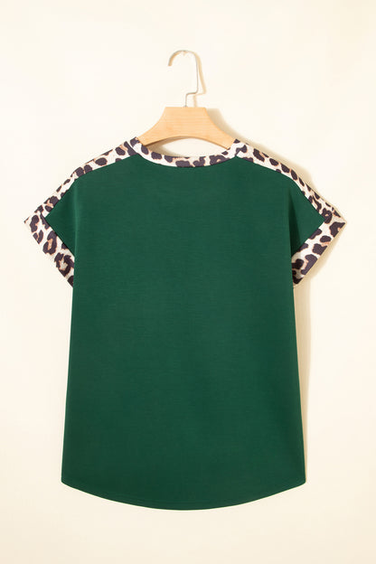Sea Green Leopard Trim Round Neck Loose T Shirt