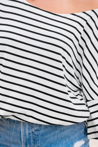 Black Stripe Half Sleeve Scoop Neck Loose Top