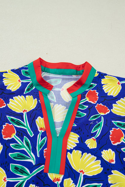 Blue Wild Floral Printed Contrast Striped Patchwork V Neck Short Sleeve Blouse