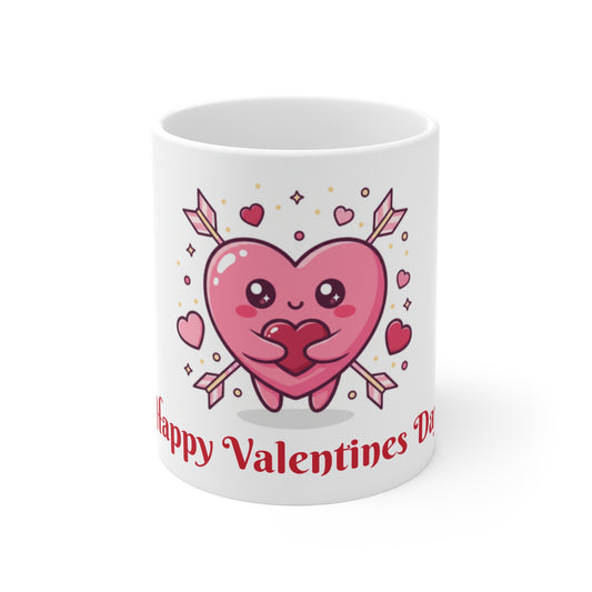 Valentine Cute Heart Mug — "Happy Valentines" 11oz Ceramic Coffee Cup