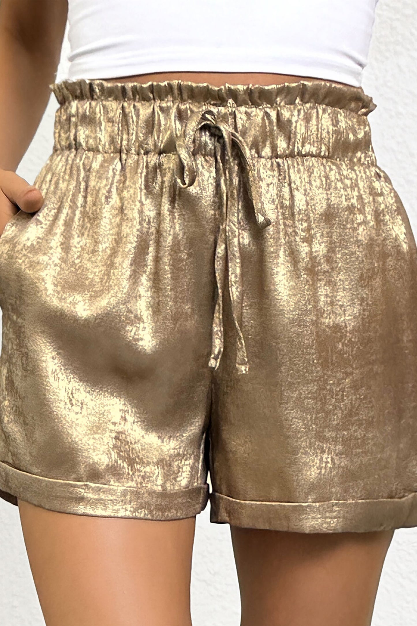 Gold Metallic Luster Tie Elastic Waist Cuffed Hem Shorts
