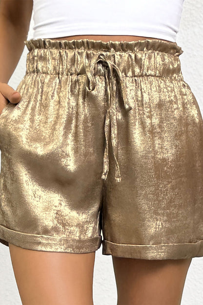 Gold Metallic Luster Tie Elastic Waist Cuffed Hem Shorts