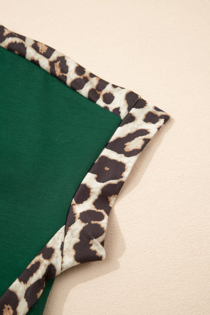 Sea Green Leopard Trim Round Neck Loose T Shirt