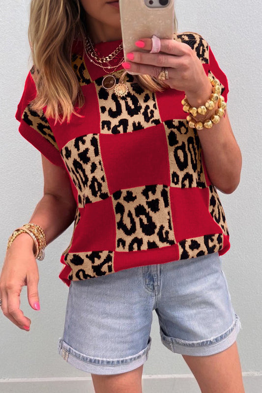 Red Leopard Checkerboard Short Sleeve Knit Sweater