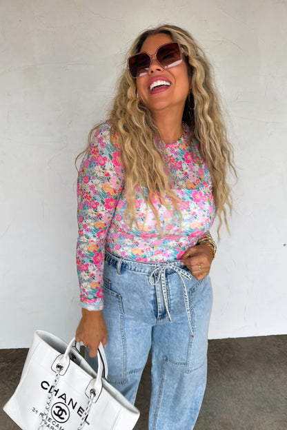 Pink Spring Floral Mesh Top