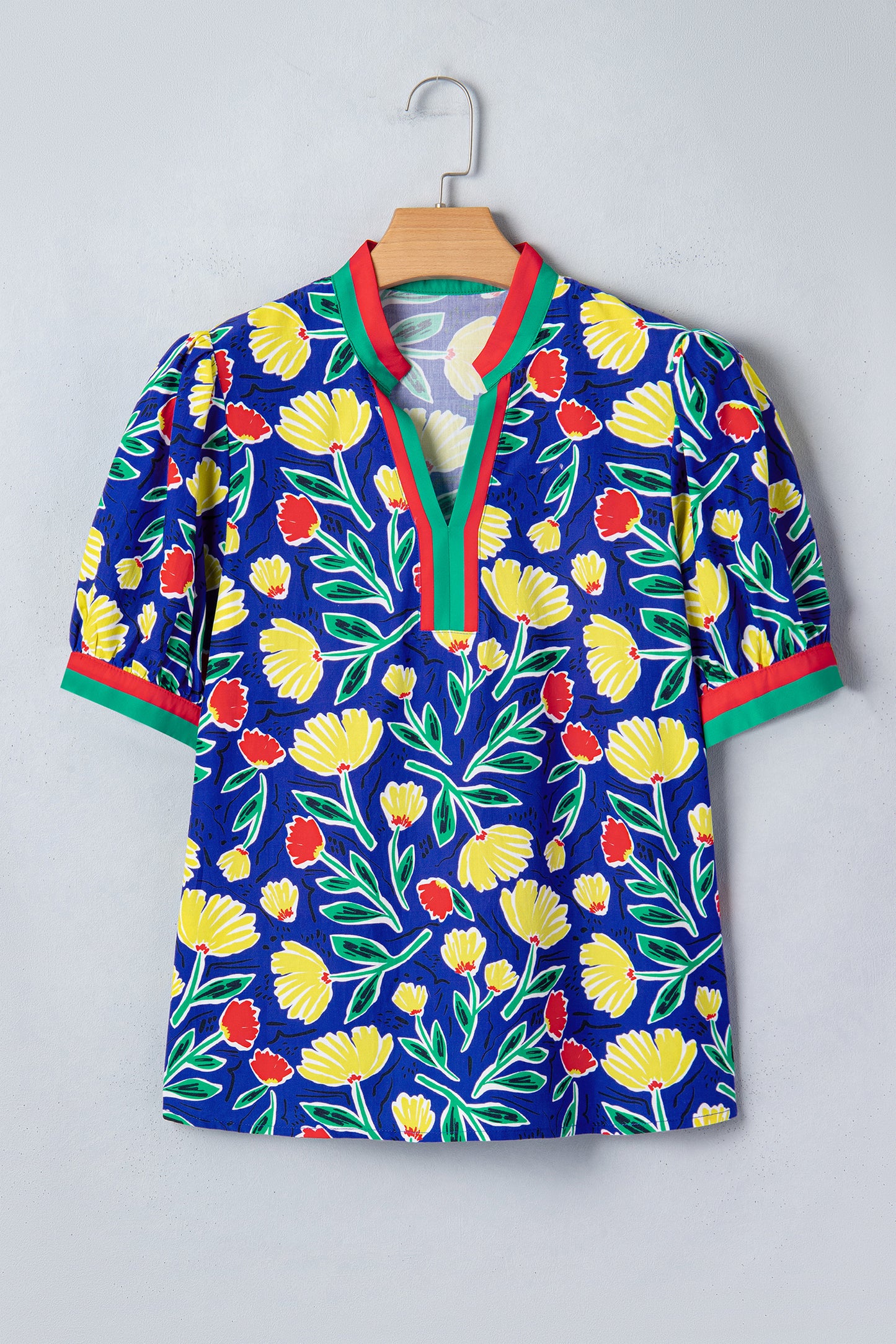 Blue Wild Floral Printed Contrast Striped Patchwork V Neck Short Sleeve Blouse