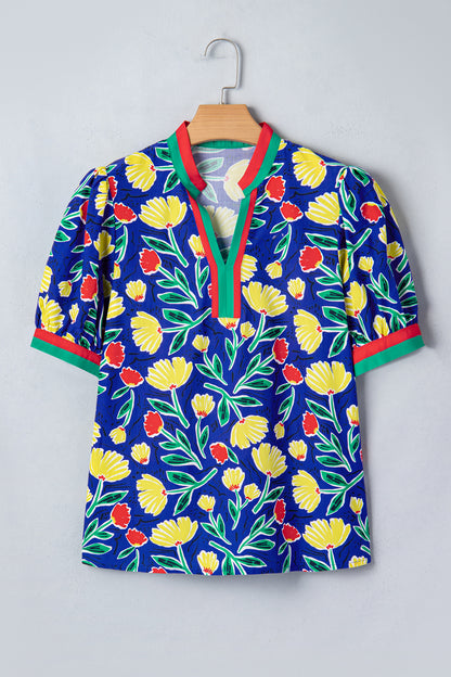 Blue Wild Floral Printed Contrast Striped Patchwork V Neck Short Sleeve Blouse