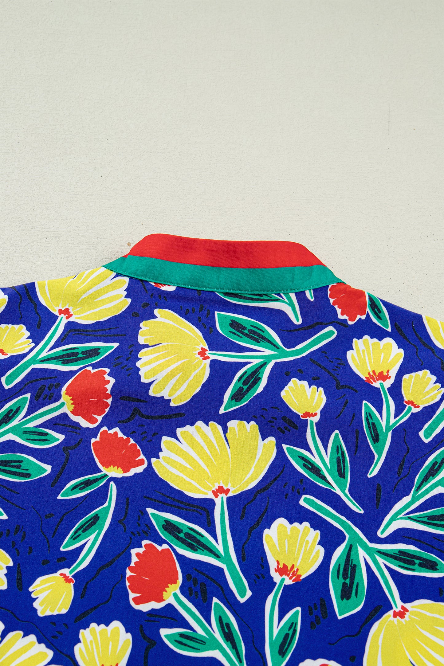 Blue Wild Floral Printed Contrast Striped Patchwork V Neck Short Sleeve Blouse