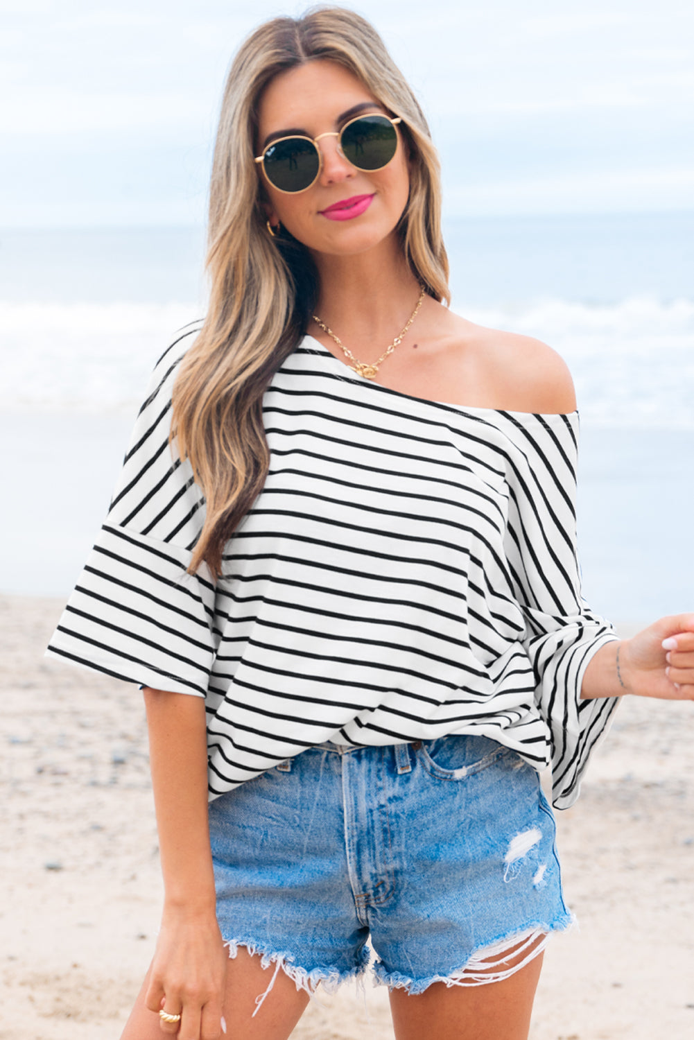 Black Stripe Half Sleeve Scoop Neck Loose Top