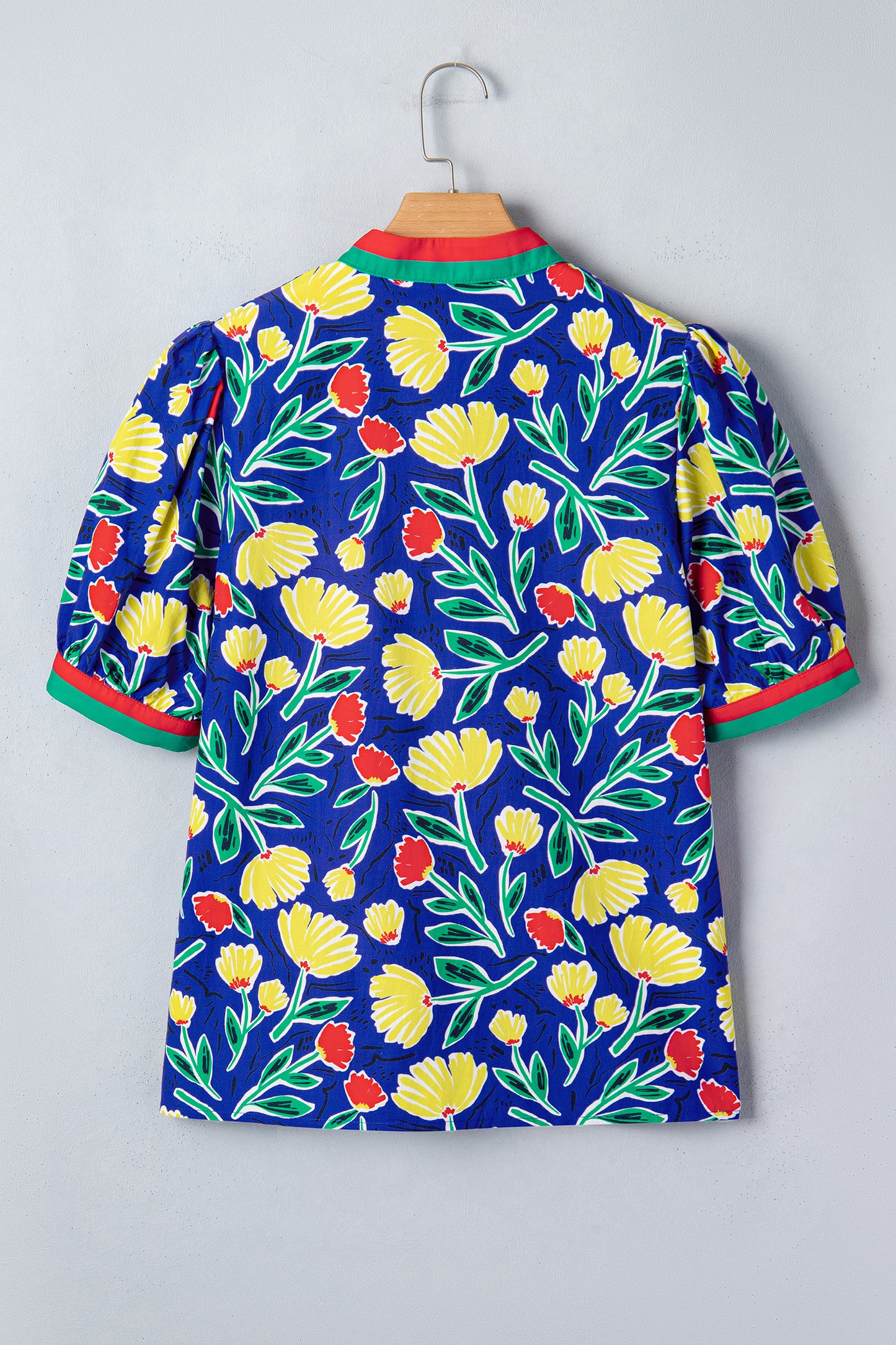 Blue Wild Floral Printed Contrast Striped Patchwork V Neck Short Sleeve Blouse