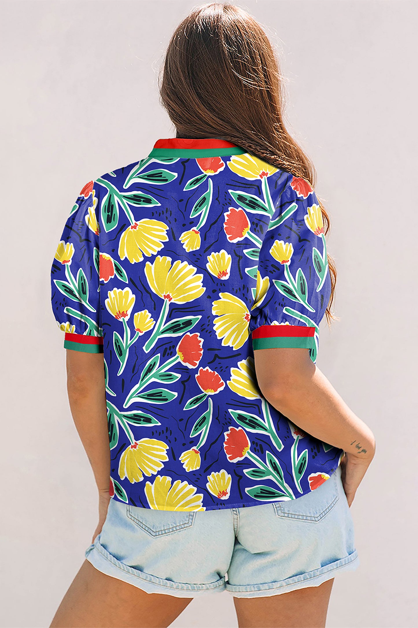 Blue Wild Floral Printed Contrast Striped Patchwork V Neck Short Sleeve Blouse